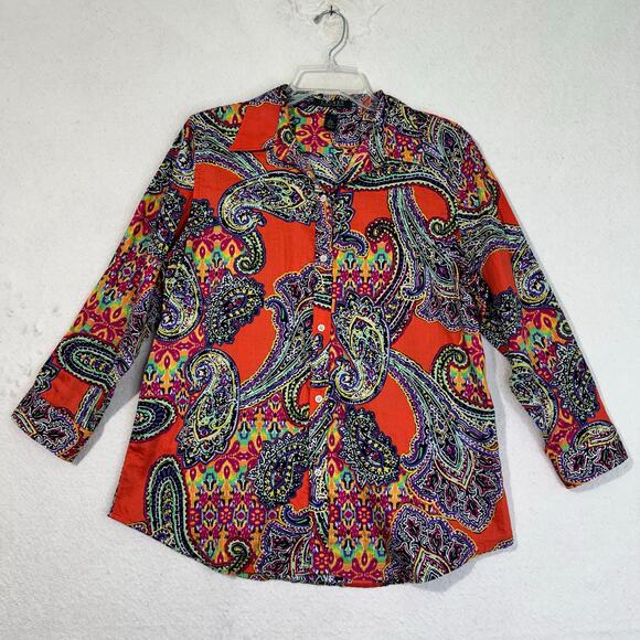Ralph Lauren Tops - Ralph Lauren Vibrant Colorful Paisley Print Orange Button-Up Sateen Shirt Large